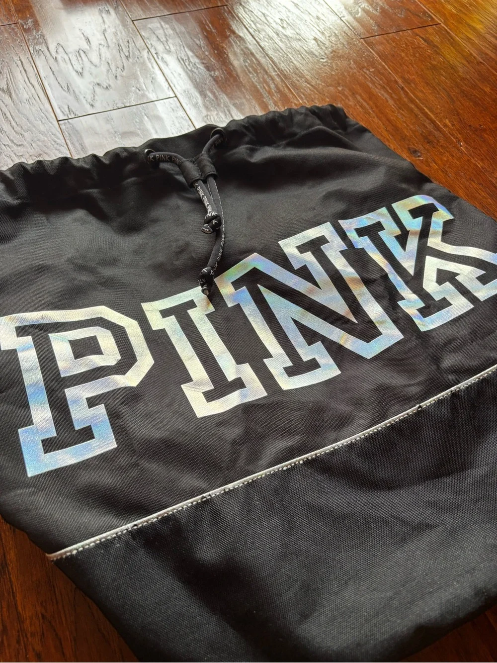 PINK Victoria’s Secret Black Holographic Logo Drawstring Backpack